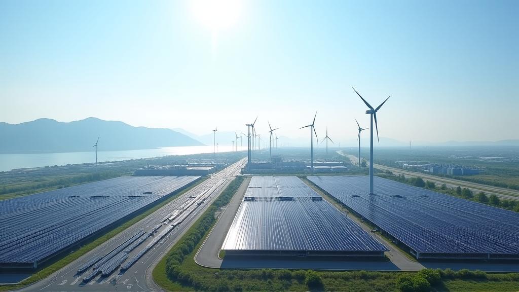 새만금 산업단지의 태양광 패널과 풍력 발전기 전경